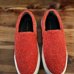 Tory Burch Bright Red Textured Slip-Ons